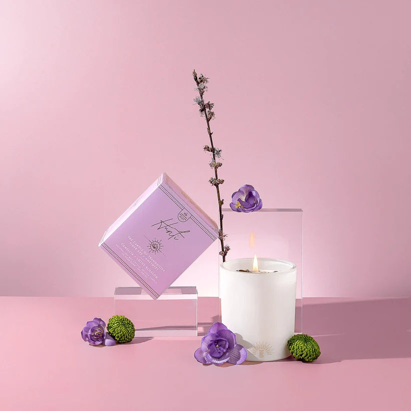 Hunti' | Candle Of Tranquillity | Amethyst & Tigers Eye - Camellia & Lotus Blossom