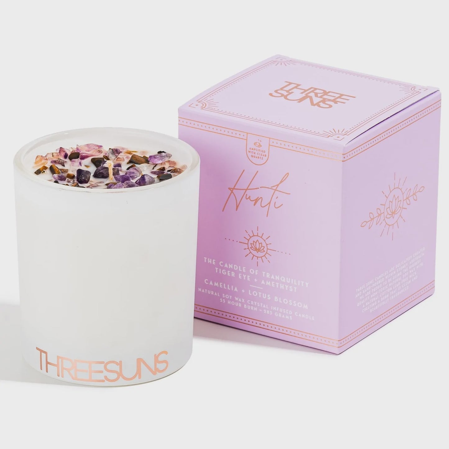 Hunti' | Candle Of Tranquillity | Amethyst & Tigers Eye - Camellia & Lotus Blossom
