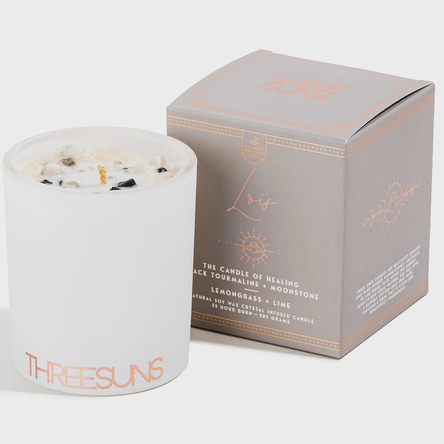 Lois' | Candle Of Healing | Black Tourmaline & Moonstone - Lime & Lemongrass