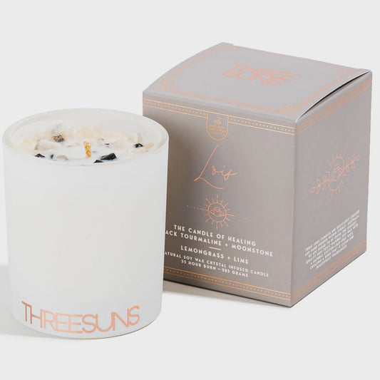 Lois' | Candle Of Healing | Black Tourmaline & Moonstone - Lime & Lemongrass